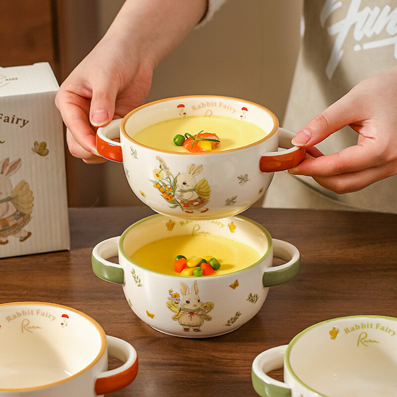 川岛屋双耳碗儿童陶瓷饭碗家用宝宝蒸蛋碗婴儿食品级蒸蛋羹专用碗