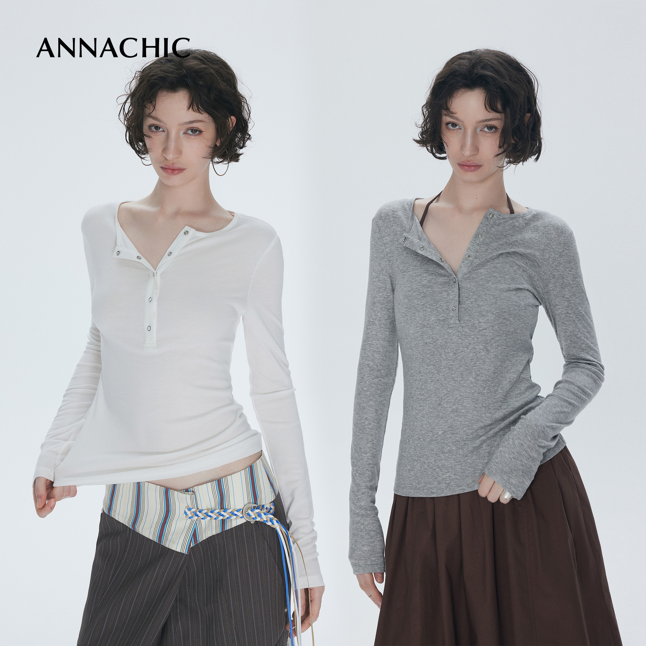 ANNACHIC经典基础_裸感天丝长袖T恤女/修身打底衫_外穿针织上衣