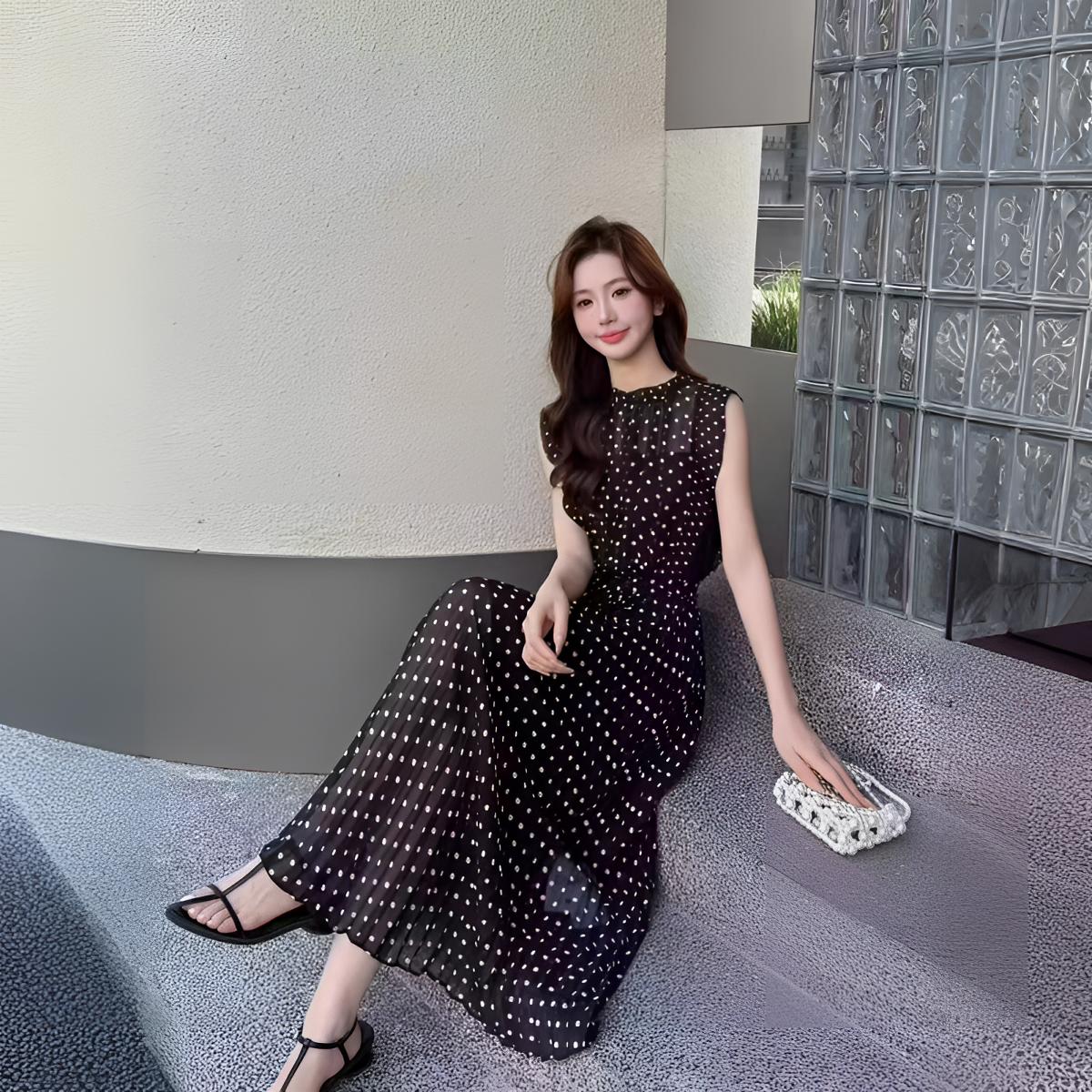 专柜品牌桑蚕乔其纱高腰设计感圆点波点压皱连衣裙A1800670