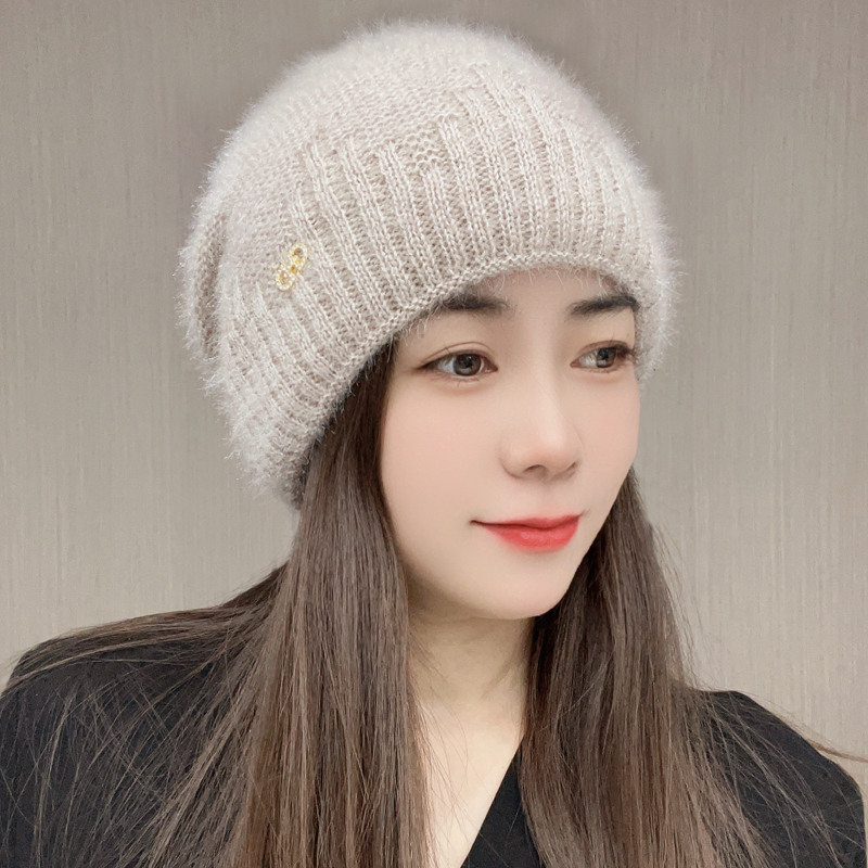 松鼠绒双层包头帽冬季保暖妈妈洋气针织毛线堆堆帽2023新款帽子女