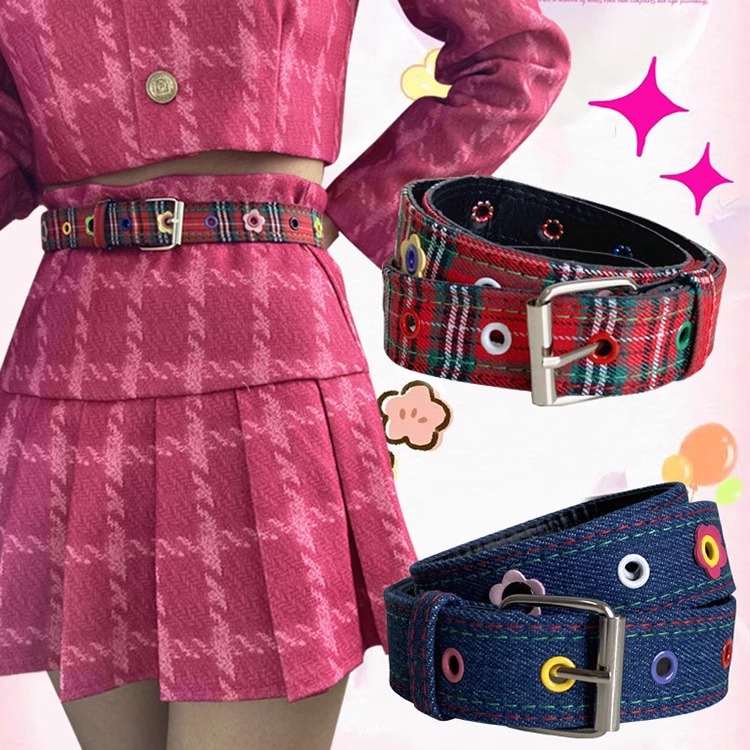 复古帆布腰带女小众y2k 时尚百搭千禧年配牛仔裤格纹免打孔皮带男