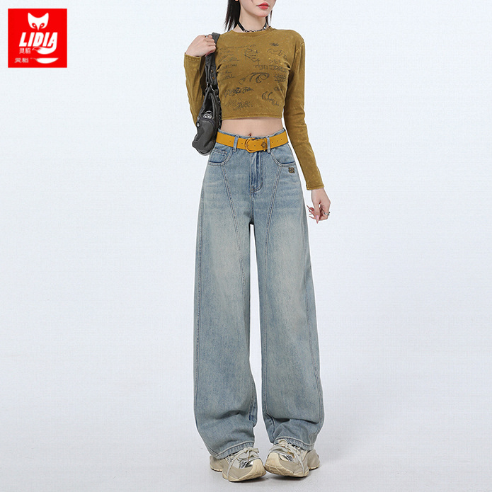 灵貂浅蓝阔腿牛仔裤女2025秋季新款街头高腰显瘦宽松拖地弯刀裤子