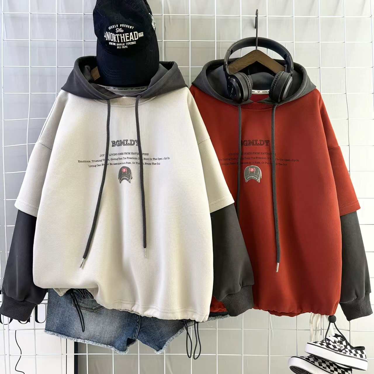 【悠悠万达】百搭男童春秋潮流假两件连帽卫衣休闲时尚宽松中大童