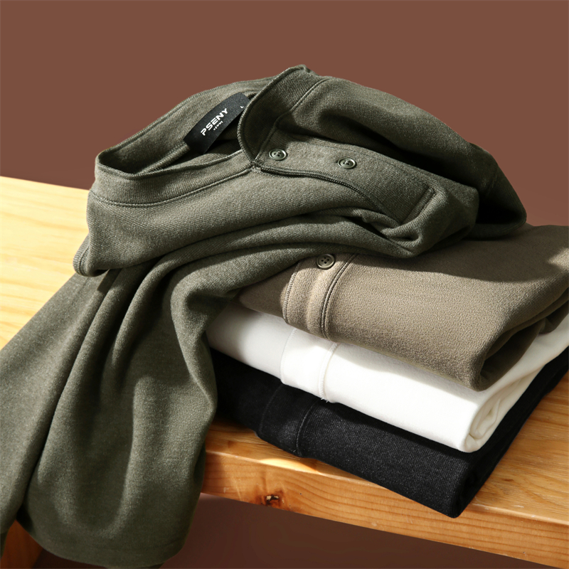 品型兼优 保暖标配秋冬季男士弹力磨毛加绒长袖T恤亨利领打底衫