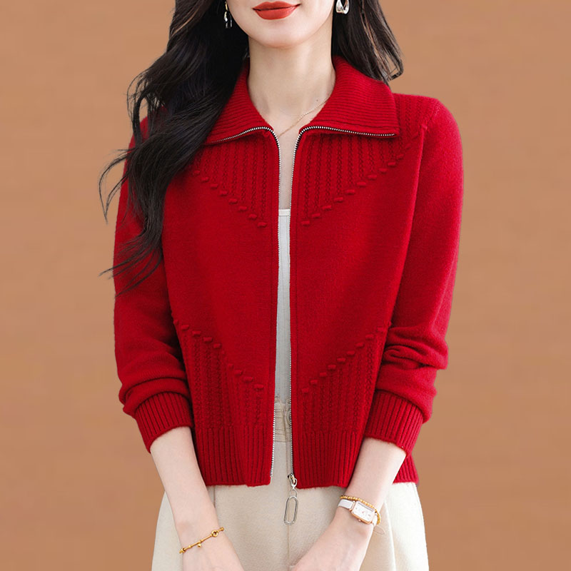 2025新款小个子针织衫女春秋翻领洋气拉链长袖上衣毛衣短外套开衫