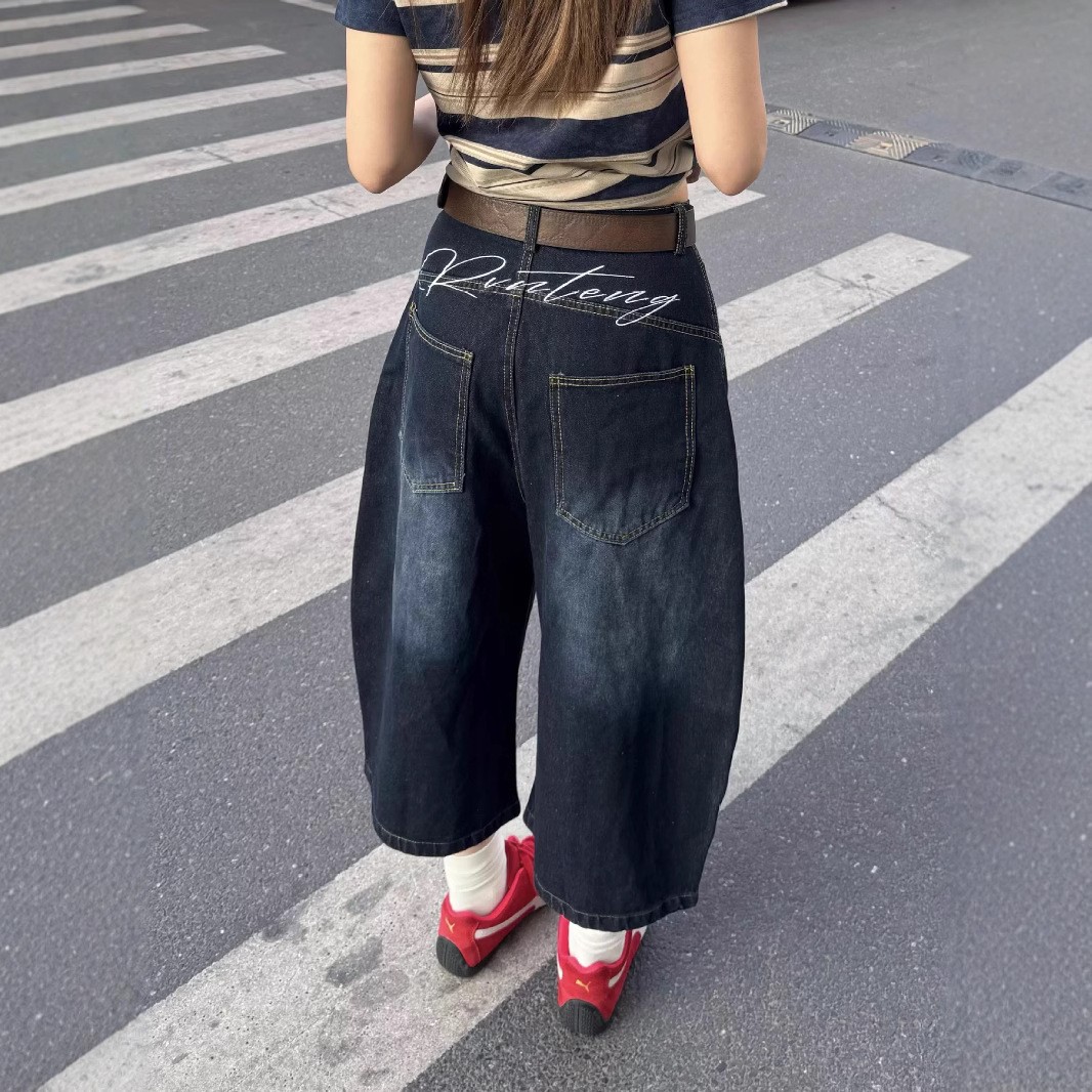 美式复古背后刺绣拼接弯刀裤牛仔裤子女2025年夏季阔腿七分裤中裤