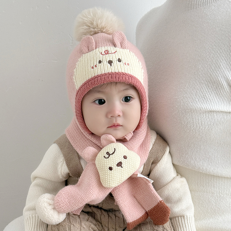宝宝帽子围脖两件套秋冬季男童女婴幼儿韩版毛线帽护耳帽套装保暖