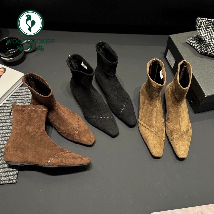啄木鸟法式内增高尖头短靴女靴子2025秋冬新款韩版切尔西马丁靴