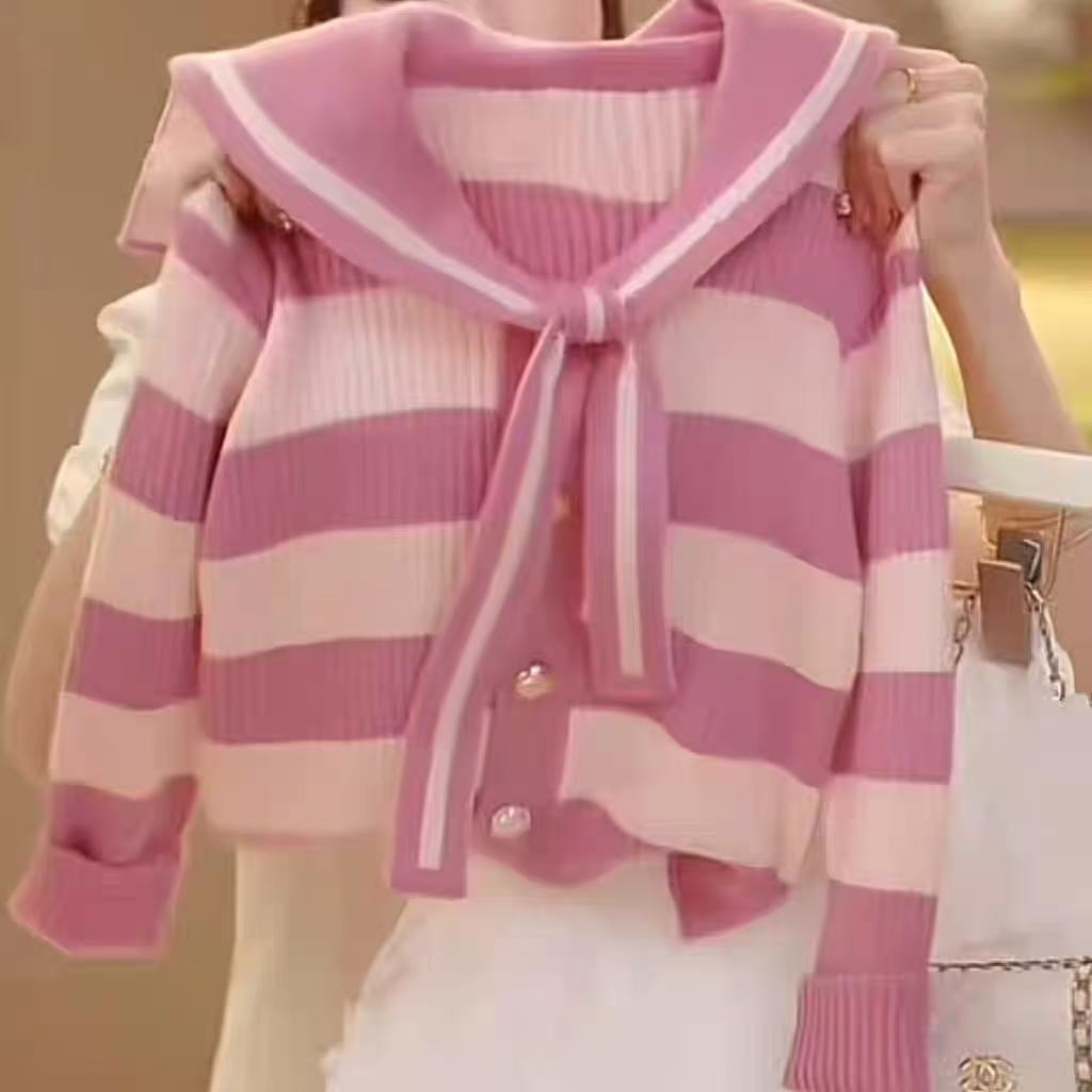 03女童2025春季新款海军领条纹针织公主裙套装