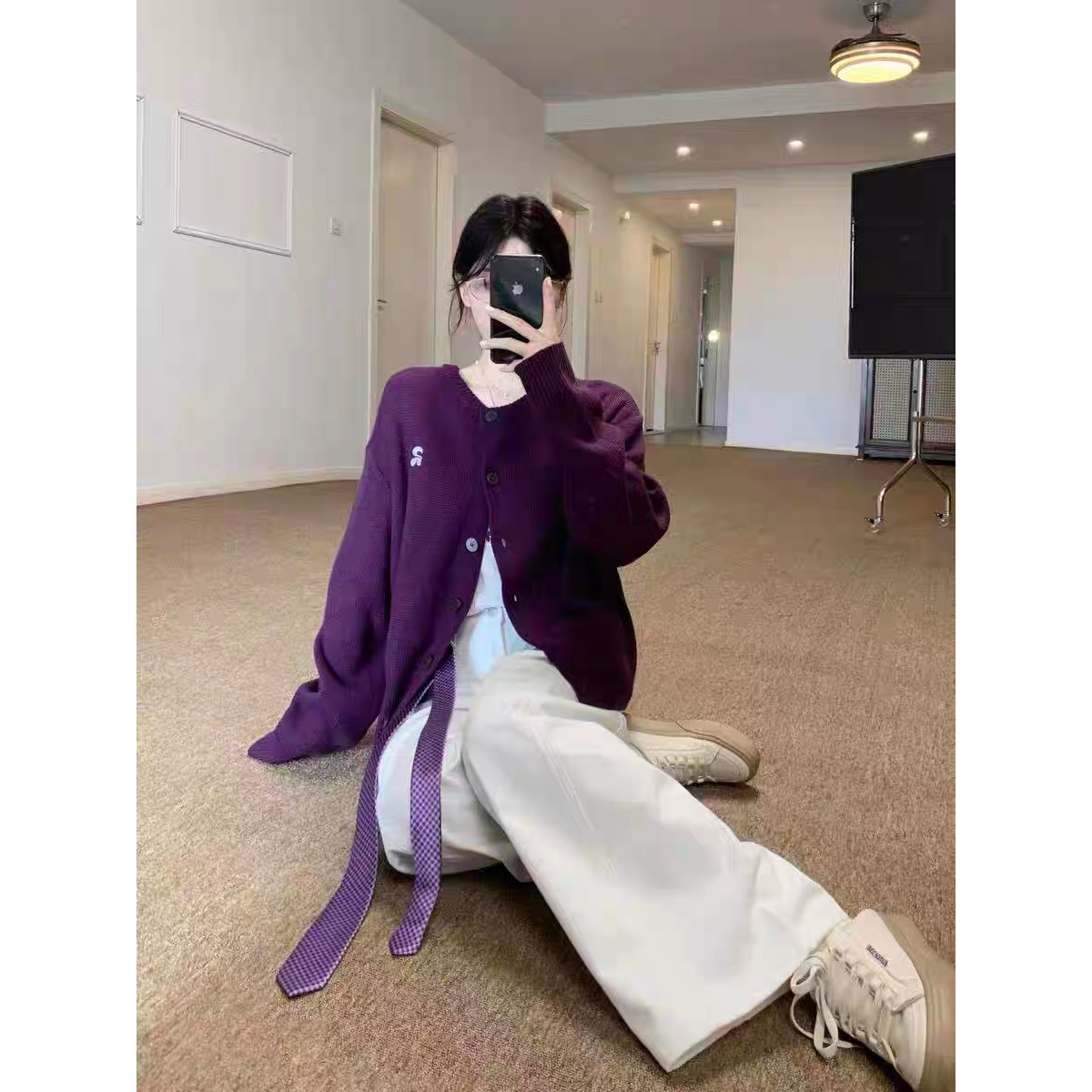 BESOBER原创 超显白紫色毛衣开衫外套女秋季休闲宽松针织开衫上衣