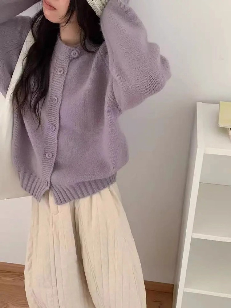 韩版加厚圆领毛衣女款2025新款秋冬外套宽松慵懒风针织衫开衫上衣