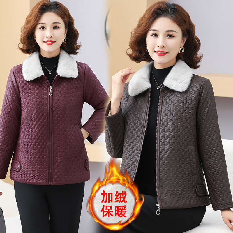 宽松型新款妈妈冬装加绒棉衣外套中老年女洋气免洗PU柔软皮棉袄宽