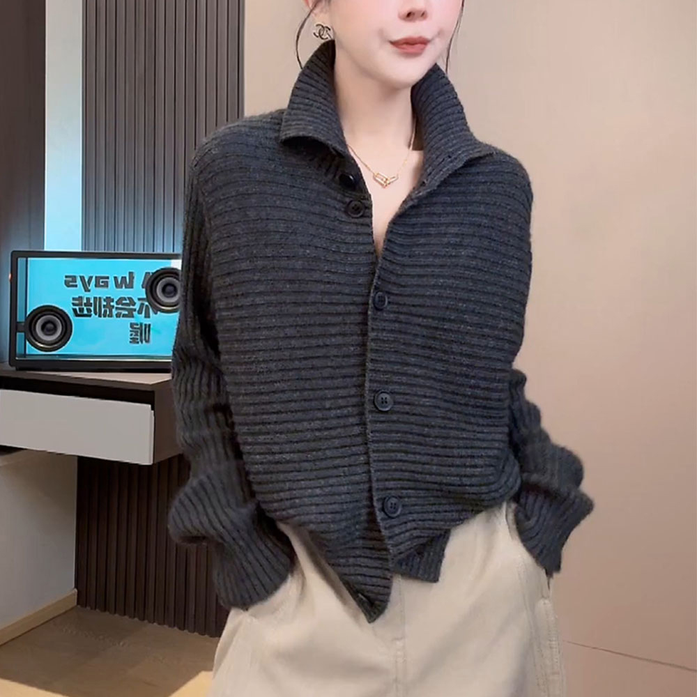 灰色立领针织开衫外套女秋冬新款慵懒风软糯宽松显瘦外穿毛衣上衣