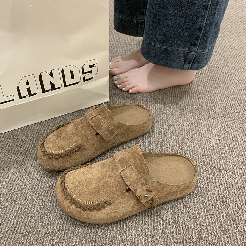 大码女鞋41-43宽胖脚复古厚底勃肯鞋女外穿休闲软底包头半拖鞋秋