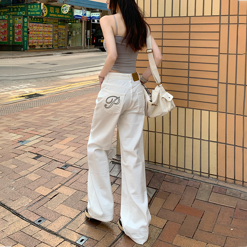 高腰阔腿牛仔裤女2025秋冬新款简约刺绣宽松显瘦不贴腿白色拖地裤