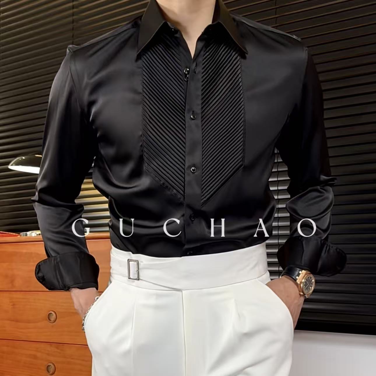 【Gc-古潮】--春秋季-法式轻奢风琴褶皱纹理商务抗皱长尖领修身衬衫