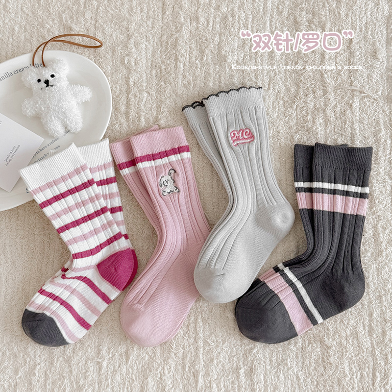 女童袜子春秋季儿童韩版ins刺绣卡通小兔中筒袜女孩条纹中筒袜秋
