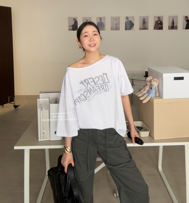 widelia斜肩短袖字母印花T恤女7299夏季斜领显瘦设计感圆领上衣