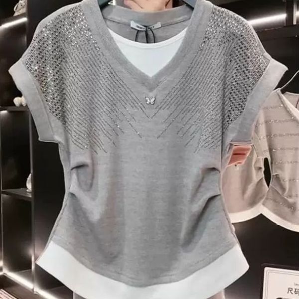 2025夏季新款女士韩版灰色短袖t恤收腰显瘦假两件设计v领短款上衣