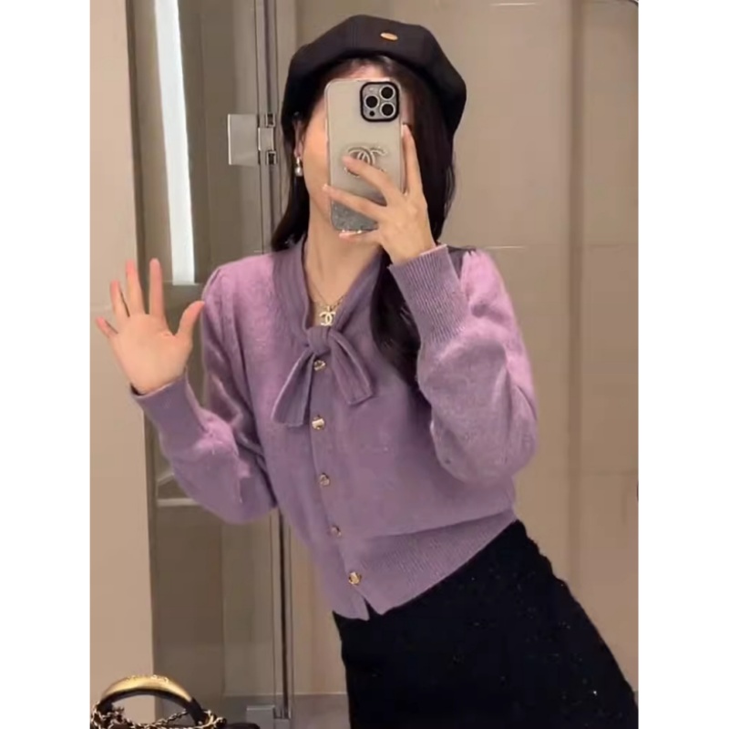 韩系搭显瘦针织衫V领领口蝴蝶结真正长袖减龄洋气时尚针织上衣潮