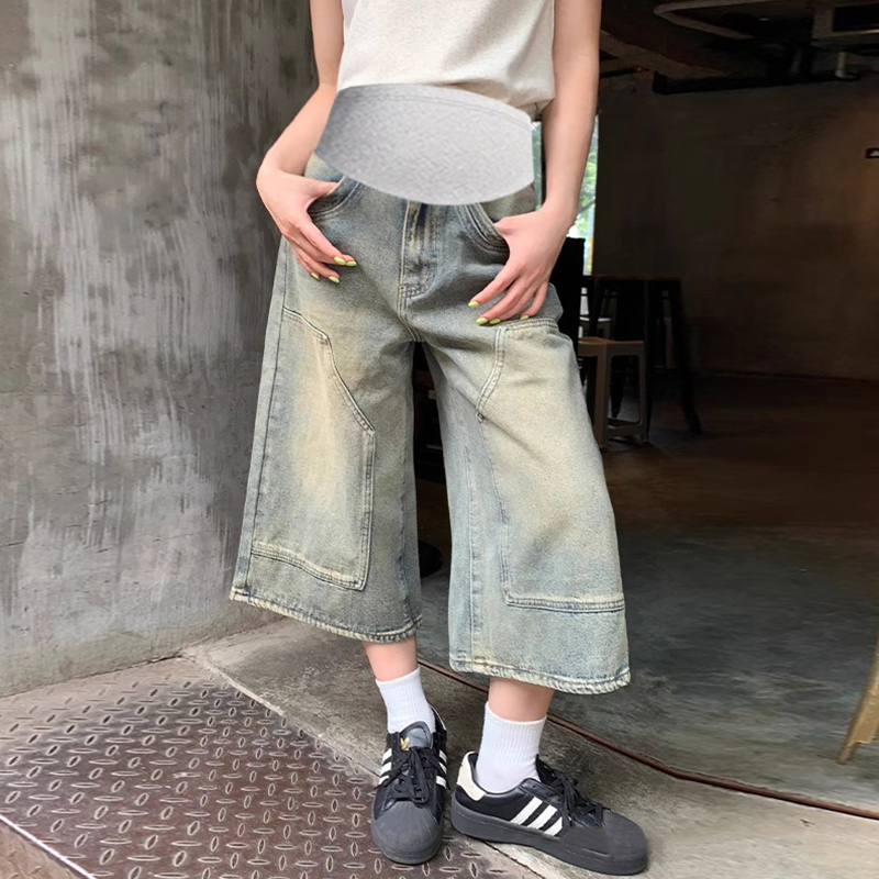 孕妇装2025新款牛仔裤显瘦韩版复古色牛仔孕妇托腹宽松阔腿七分裤