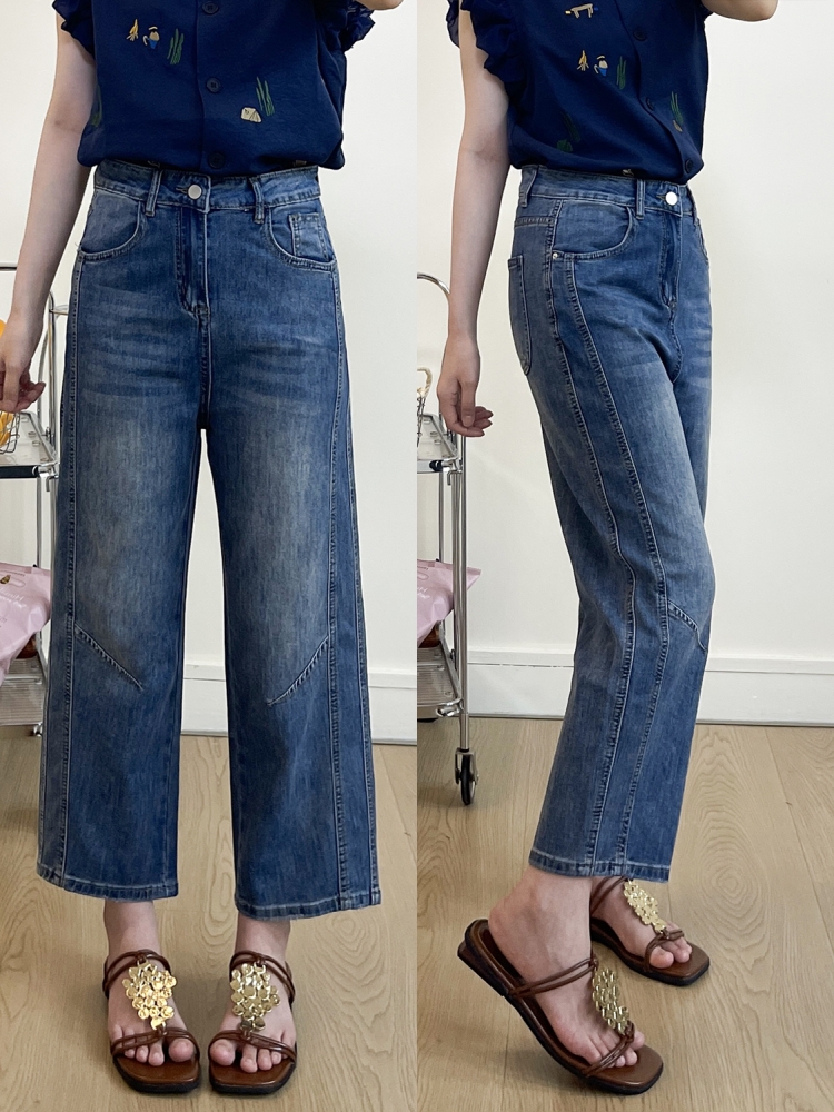 秋季新款高腰显瘦弹力哈伦牛仔裤女梨形小个子百搭九分弯刀奶奶裤