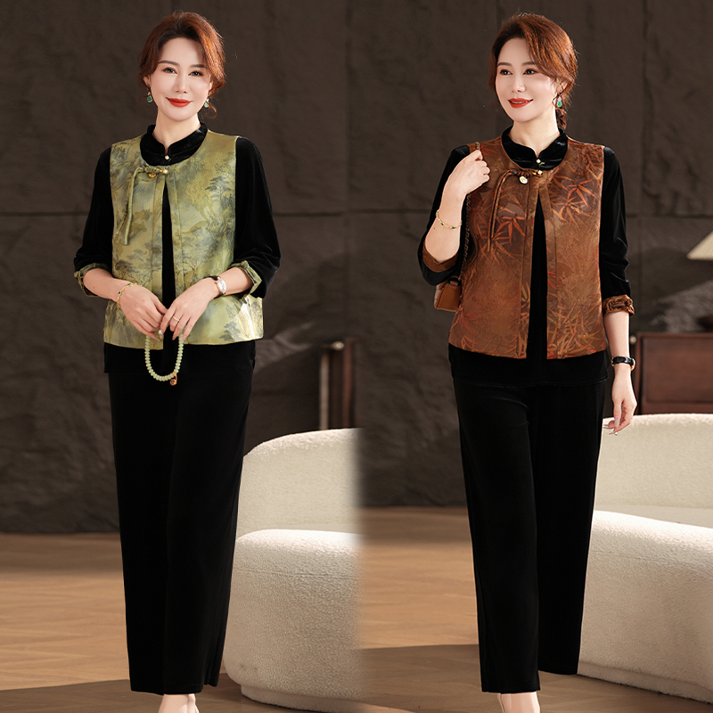 中年妈妈装春秋金丝绒套新中式国风盘扣马甲新款中老年女装三件套