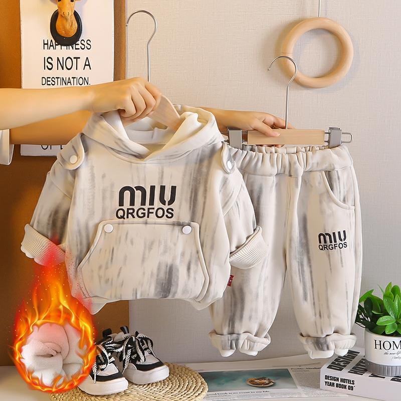 韩系男童冬装加绒套装宝宝秋冬新款卫衣两件套婴儿童小孩加厚衣服