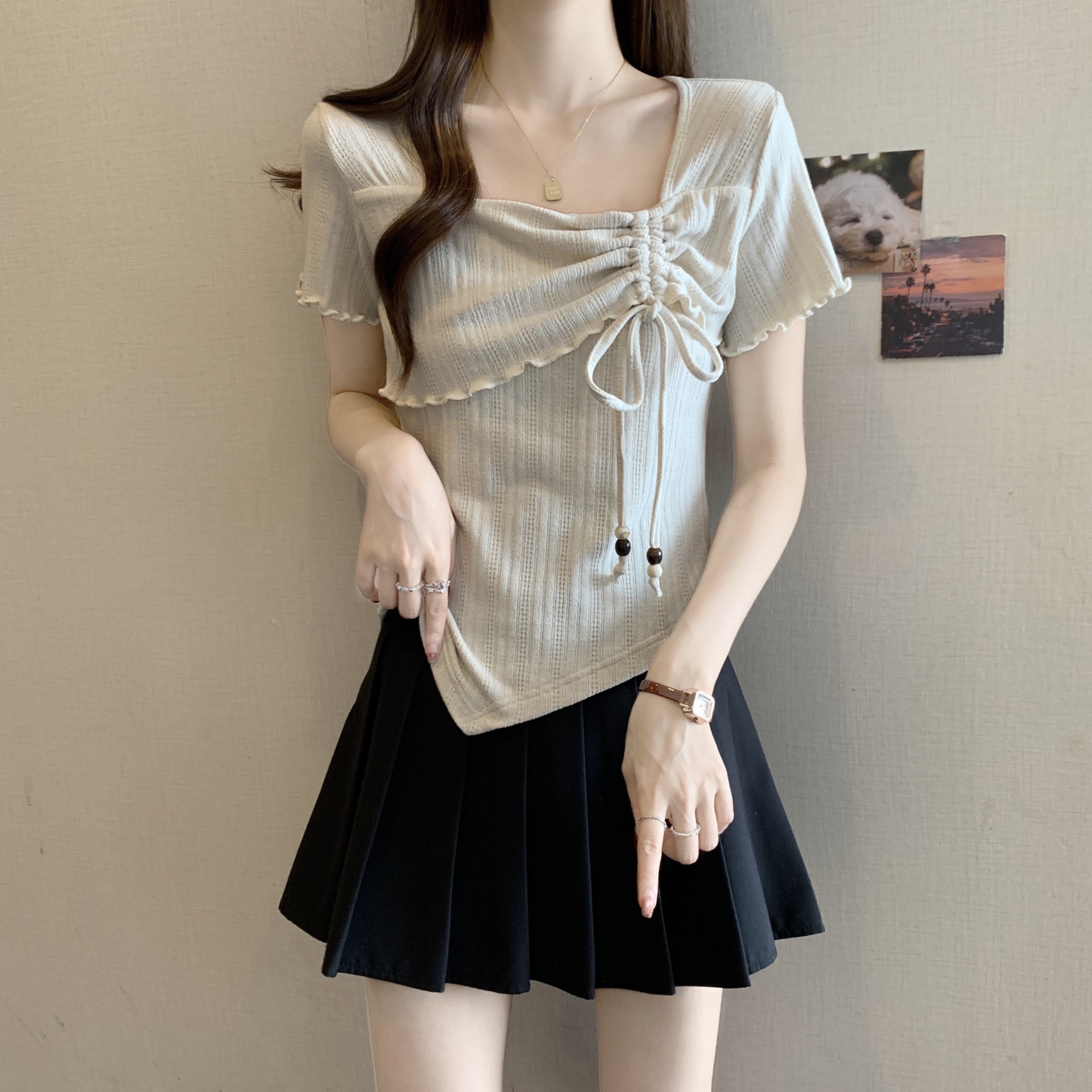 大码女装遮肚子方领抽绳短袖t恤女夏季胖妹妹修身显瘦不规则上衣