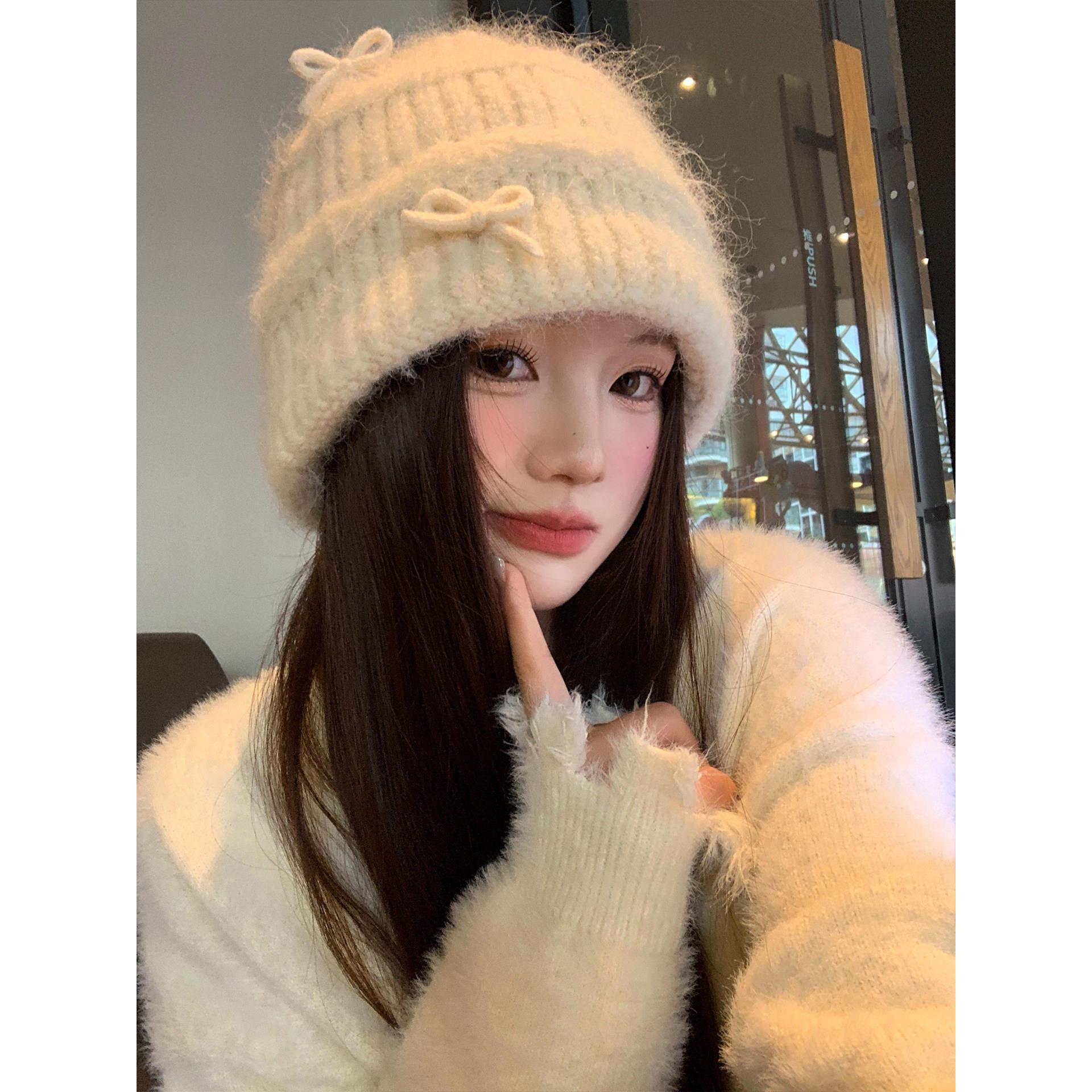 白色蝴蝶结毛绒针织帽女秋冬显脸小毛线帽大头围保暖护耳包头帽子