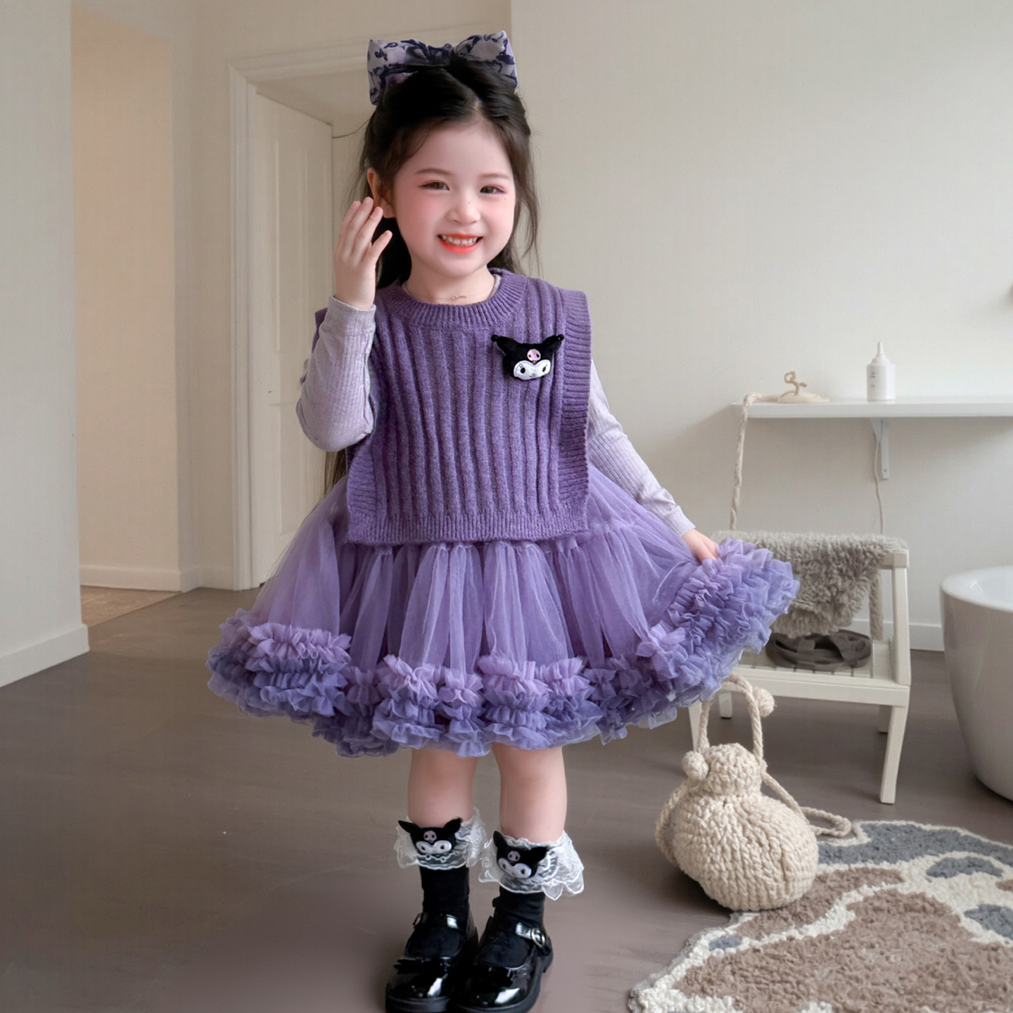 库洛米女童长袖公主裙宝宝秋季周岁生日蛋糕裙突突裙两件套装洋气