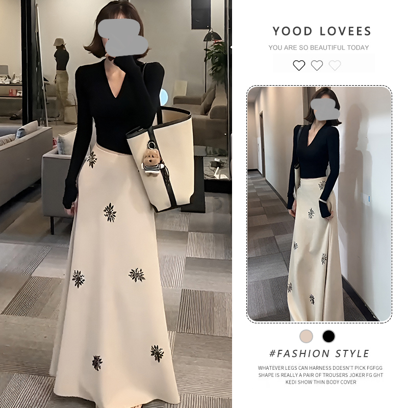 2025春秋新款V领长袖衬衫收腰休闲简约上衣女烫钻半身裙两件套潮