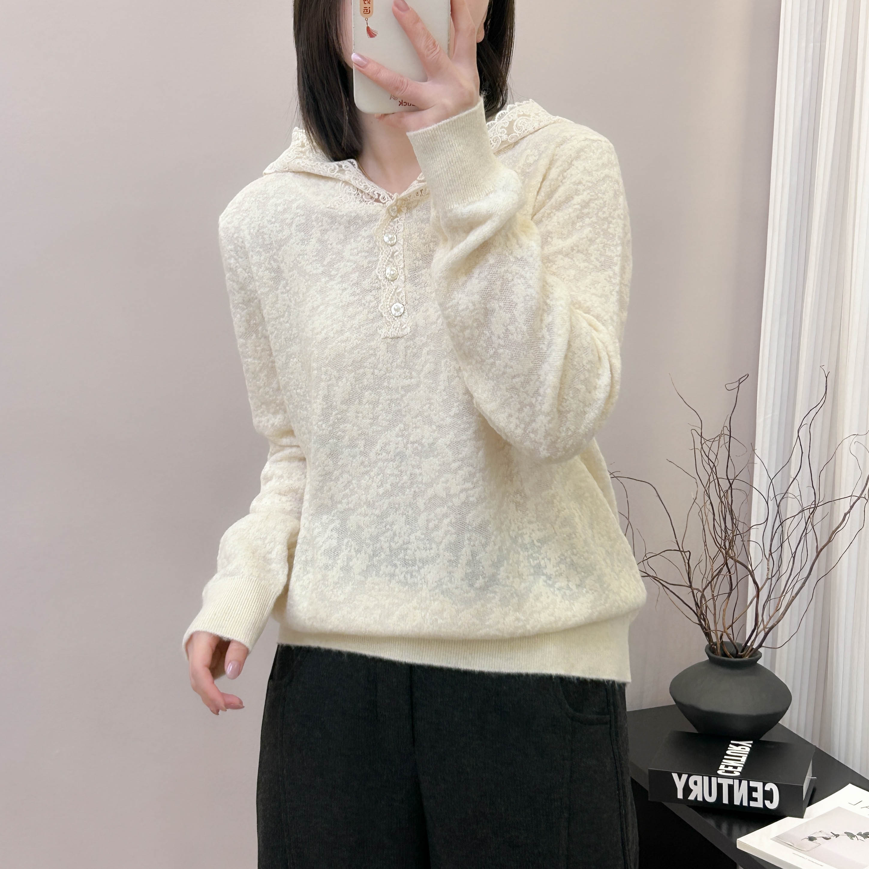加厚连帽蕾丝花边勾花欧根丝针织衫春秋季新款上衣宽松打底帽衫女