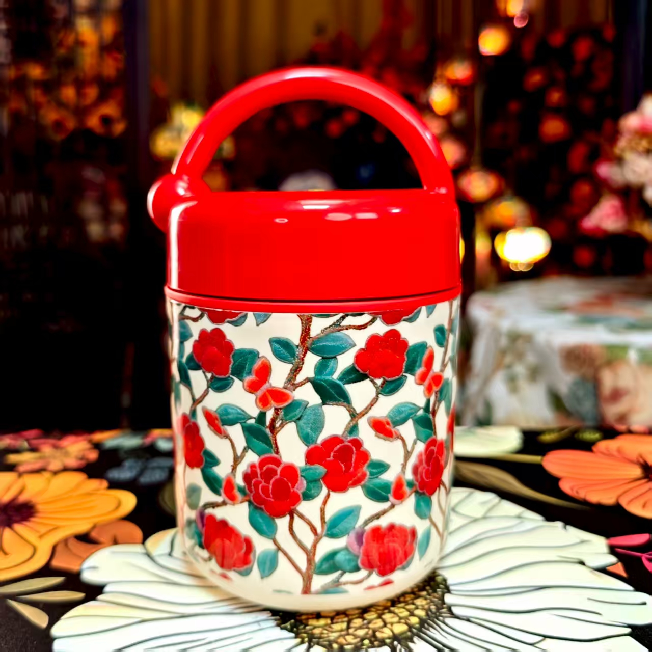 【复古繁花】手提款食品级不锈钢早餐杯粥杯燕麦杯短途便携杯