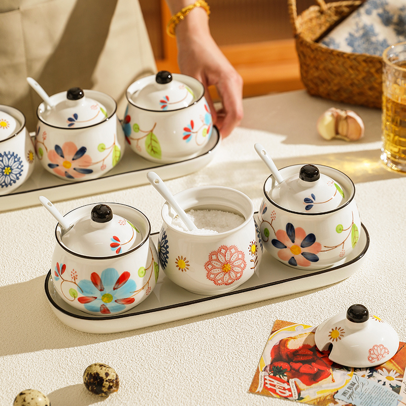 舍里复古陶瓷调料罐釉下彩调味瓶套装家用厨房带托盘盐罐子调料瓶