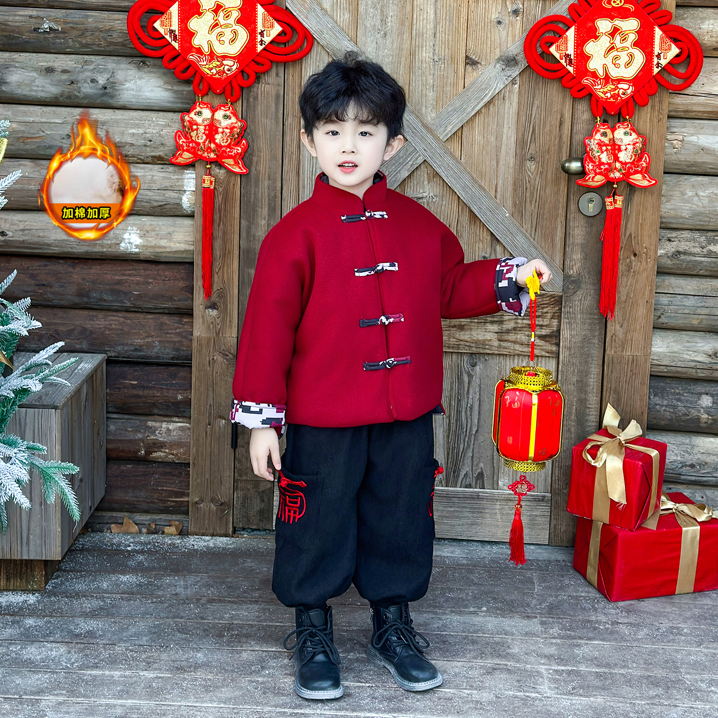 童装国风唐装年服冬季新款儿童红色外套男宝宝呢子大衣男童衣服潮