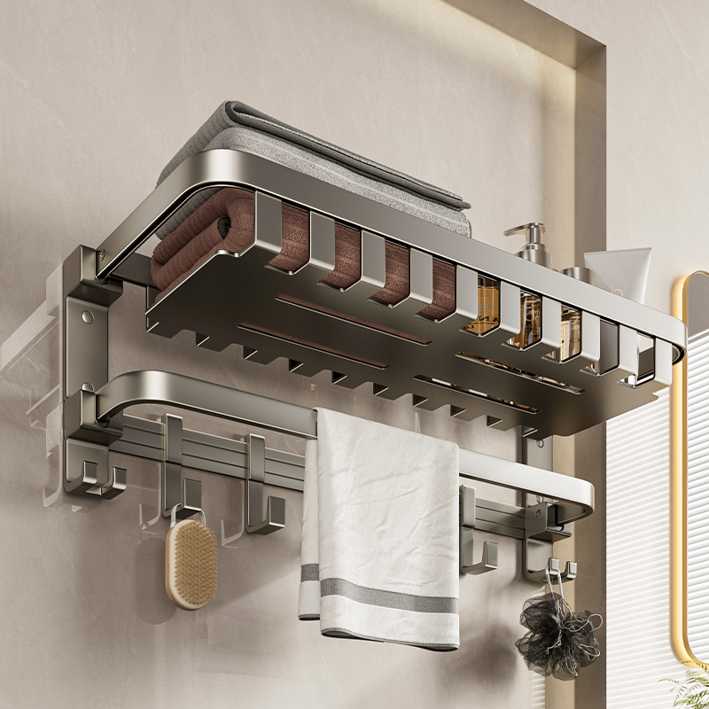 免打孔壁挂浴巾架卫生间毛巾架太空铝洗澡间加厚太空铝置物架