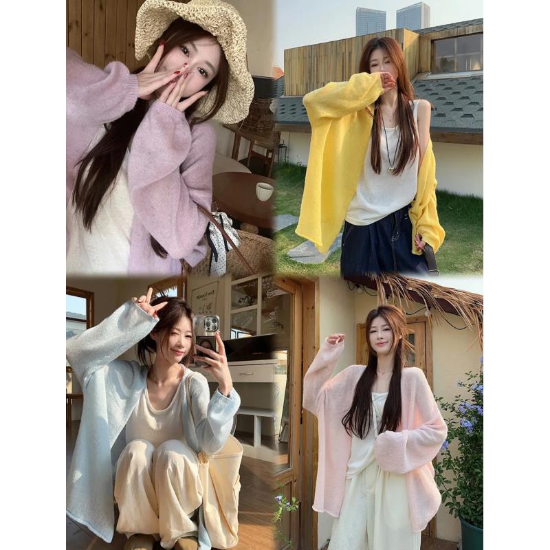 奶油衫新款灯笼袖空调衫薄开衫毛衣针织女宽松百搭显瘦上衣c33508