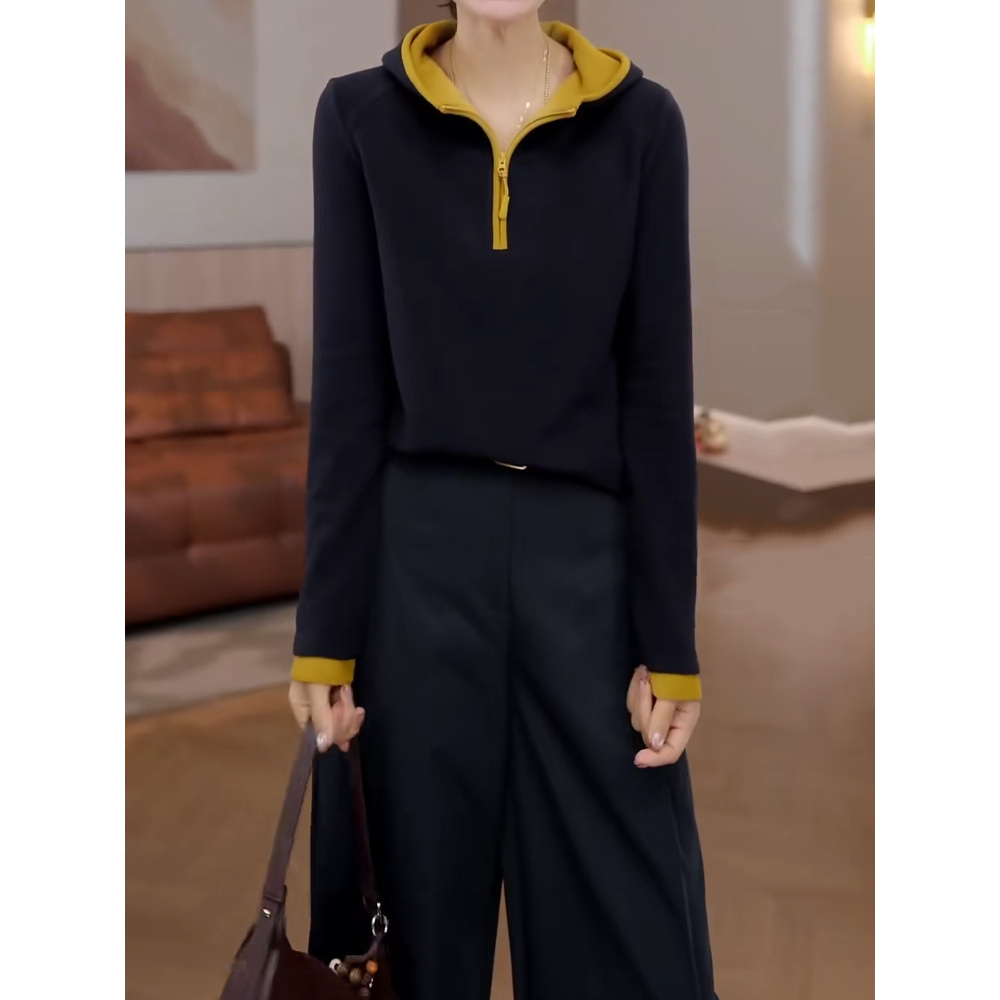 小众设计感半拉链连帽卫衣女秋季新款大码胖mm撞色减龄巨显瘦上衣