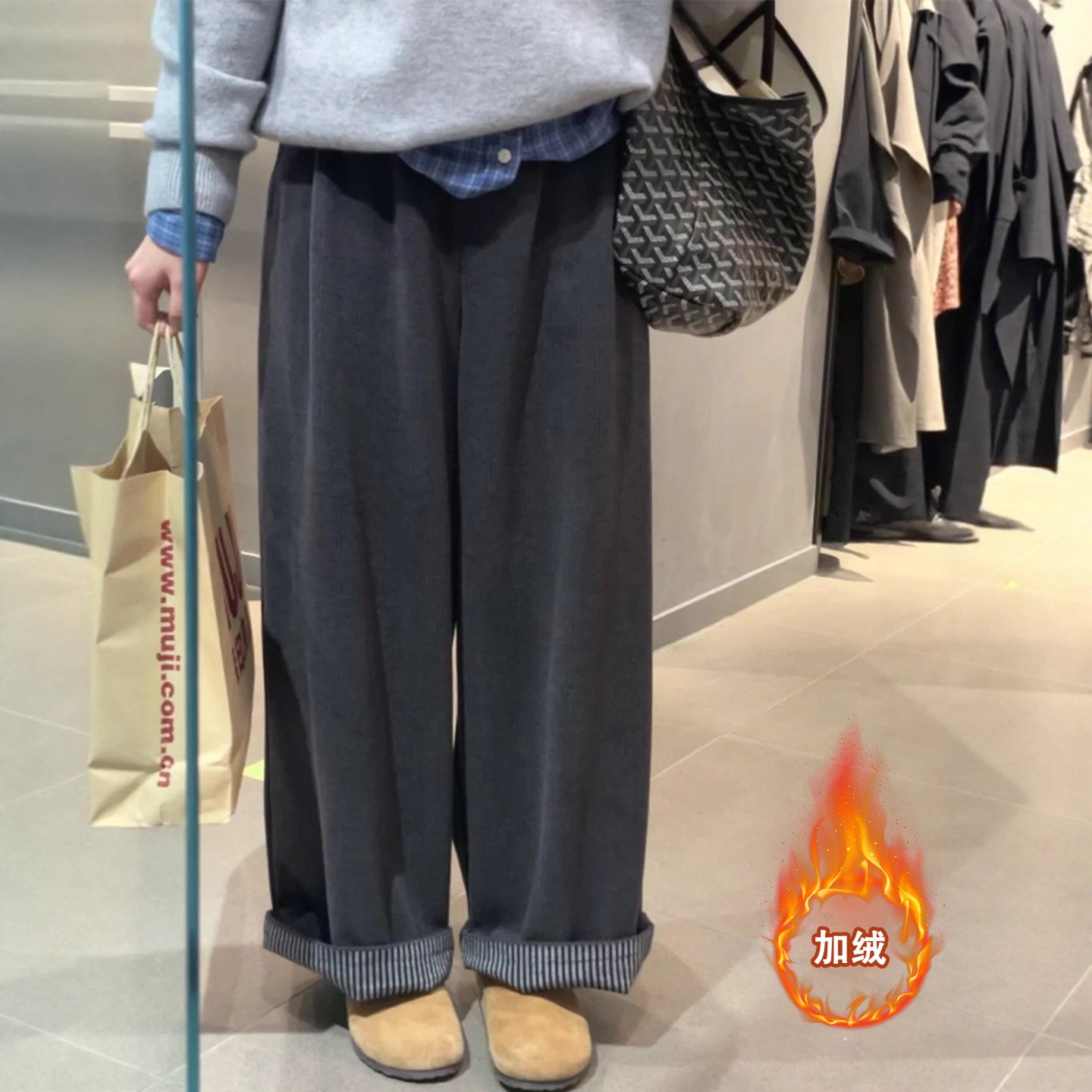 棉聚酯混纺2025年新款阔腿毛呢裤秋冬新款胖mm大码女裤宽松显瘦直