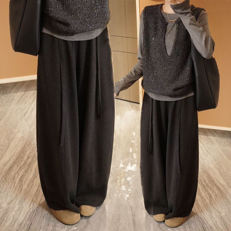 秋冬极简风宽松加绒腰带弯刀裤女显瘦加厚慵懒卫裤软糯阔腿休闲裤