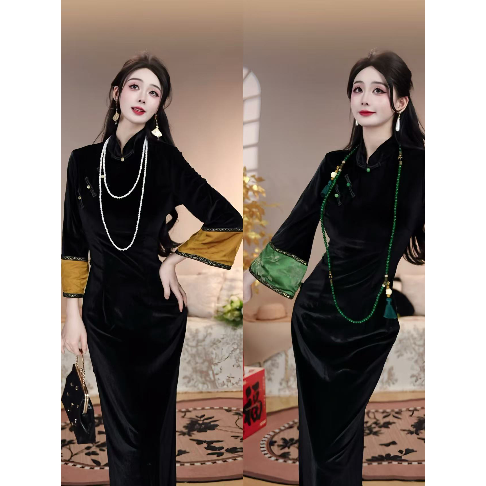 【言亭序】潇夫人自制秋冬中式贵气丝绒旗袍连衣裙 蓬莱金