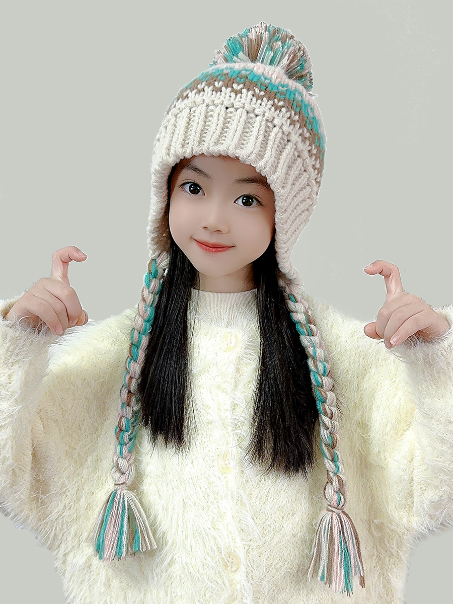 2025新款儿童帽子女孩秋冬季护耳帽女童毛线帽针织拼色保暖冬帽潮