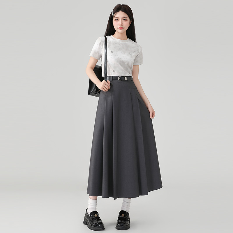 拉夏贝尔灰色毛呢半身裙女秋冬季2025新款a字伞裙时尚半身裙长款