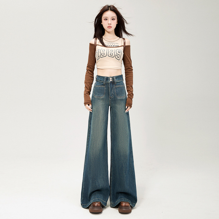 复古设计感微喇叭阔腿牛仔裤女春秋季高腰宽松显瘦垂感直筒拖地裤