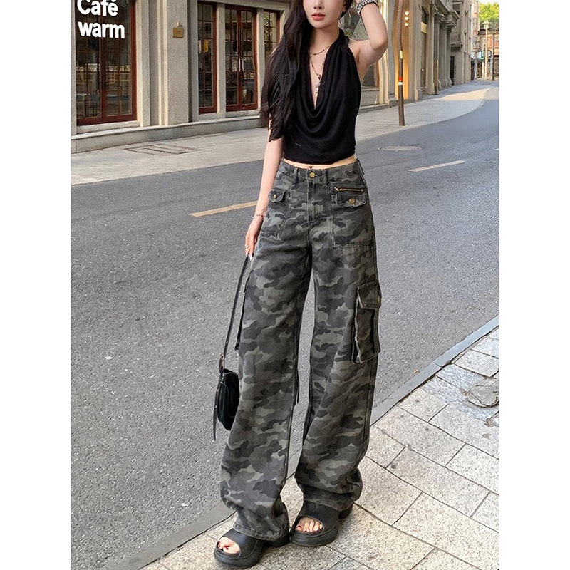 迷彩高腰工装直筒牛仔裤女2025秋季新款高腰宽松显瘦休闲拖地长裤