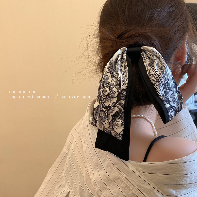 中式国潮水墨清冷印花图案发圈气质缎面飘带蝴蝶结低马尾发绳发饰