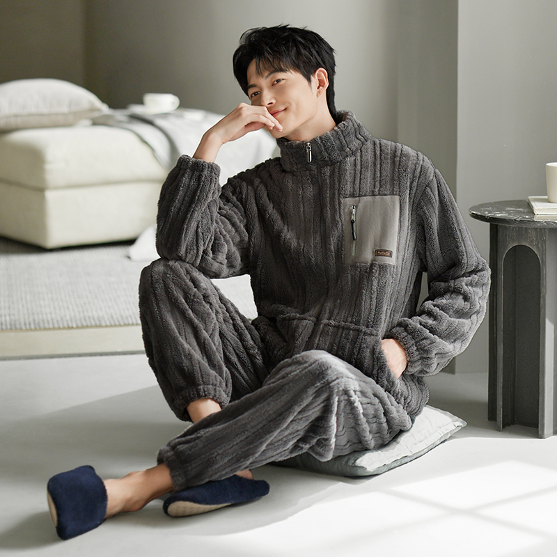 冬款睡衣男士秋冬季珊瑚绒加绒加厚拉链可外穿大码休闲家居服套装