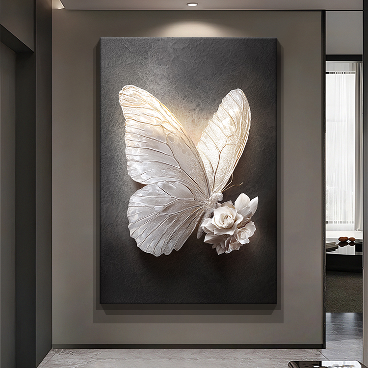 高级感黑白蝴蝶玄关装饰画立体感客厅沙发背景墙挂画大气落地壁画
