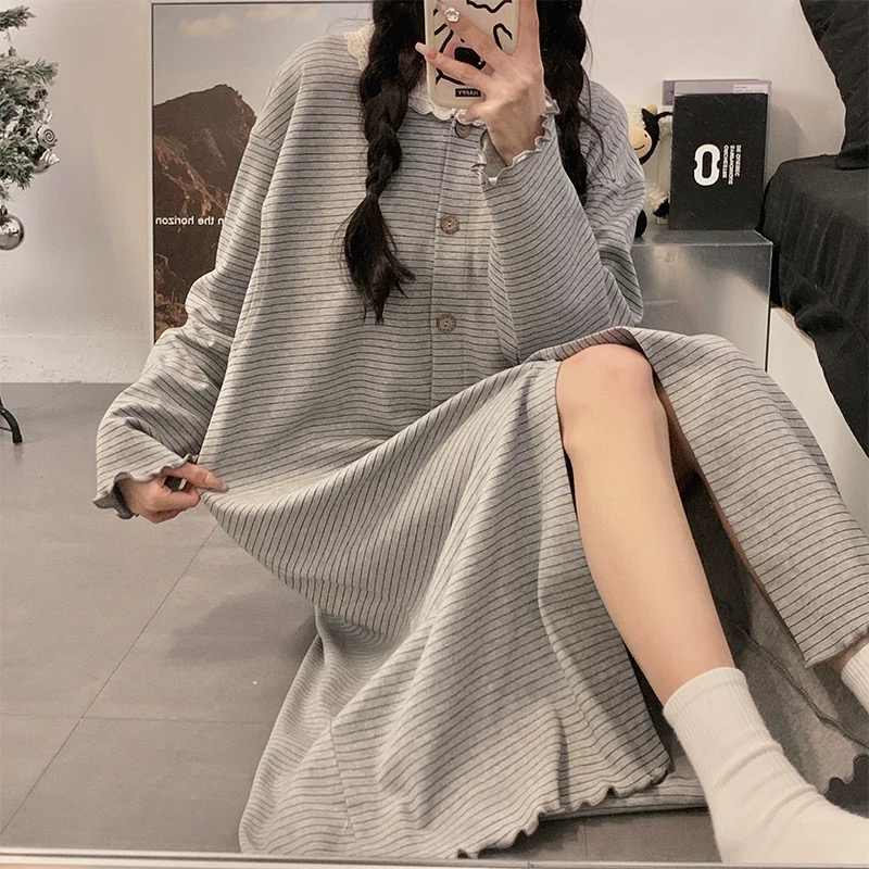 孕妇睡裙中长款待产春秋款月子服裙产检裙哺乳裙冬季纯棉连衣裙